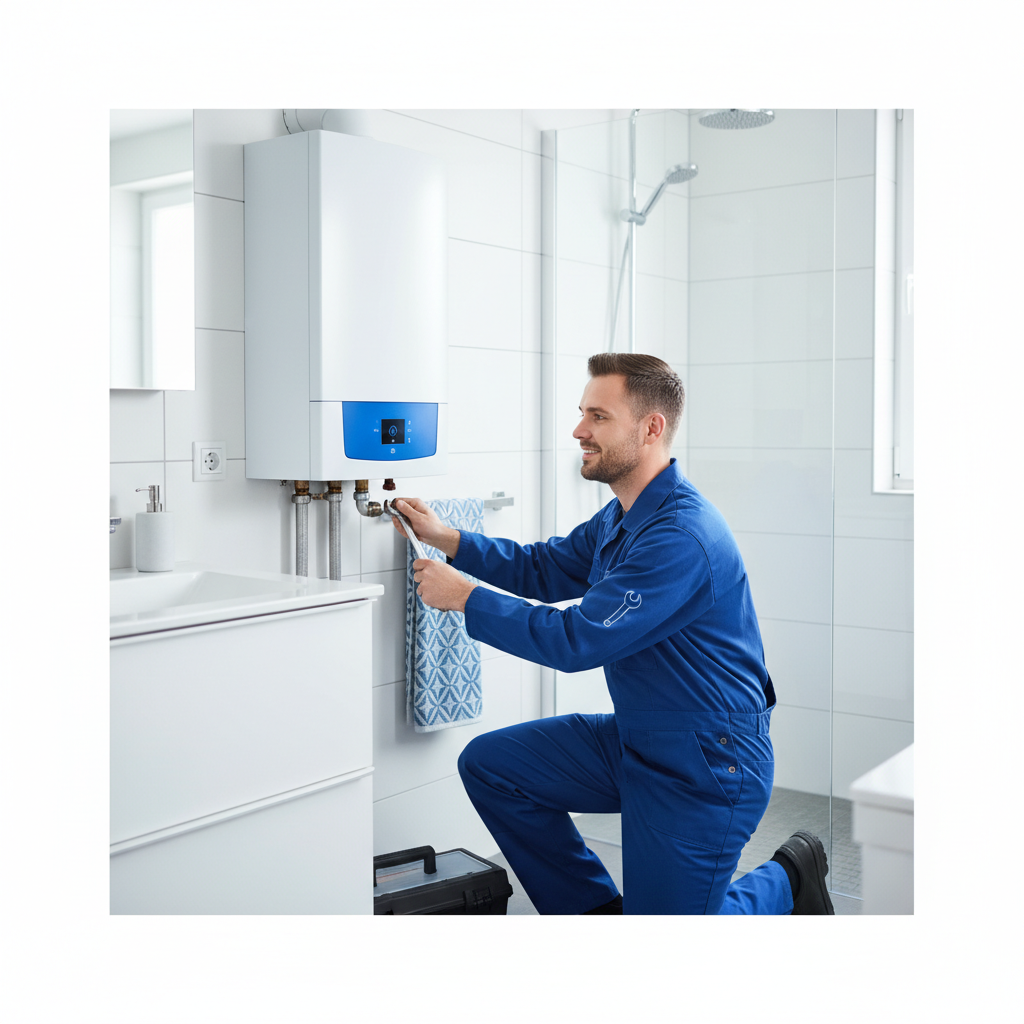 Techniker von Sanitär Meier arbeitet an einer modernen Heizungsanlage in einem Badezimmer.