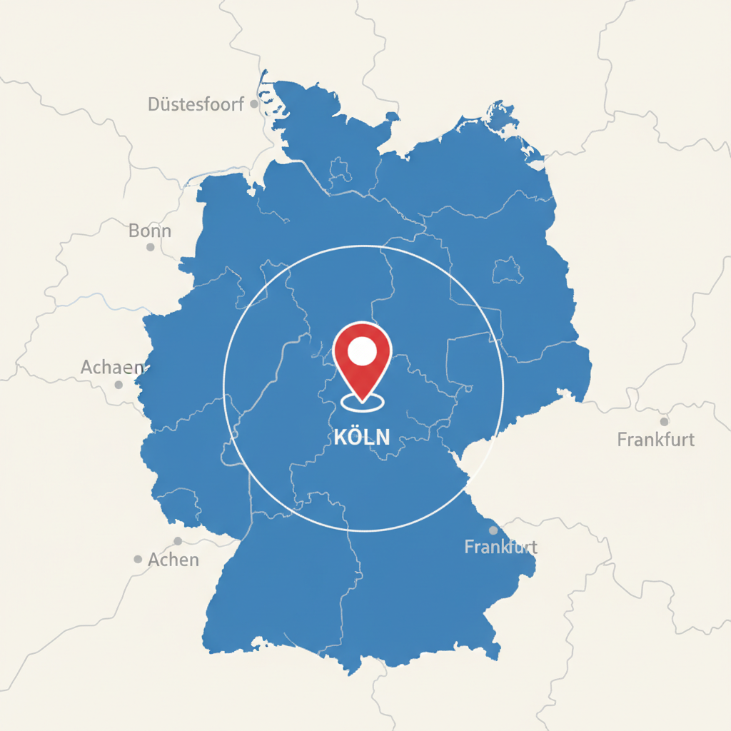 Schematische Karte mit Köln und umliegendem Einzugsgebiet von Sanitär Meier.